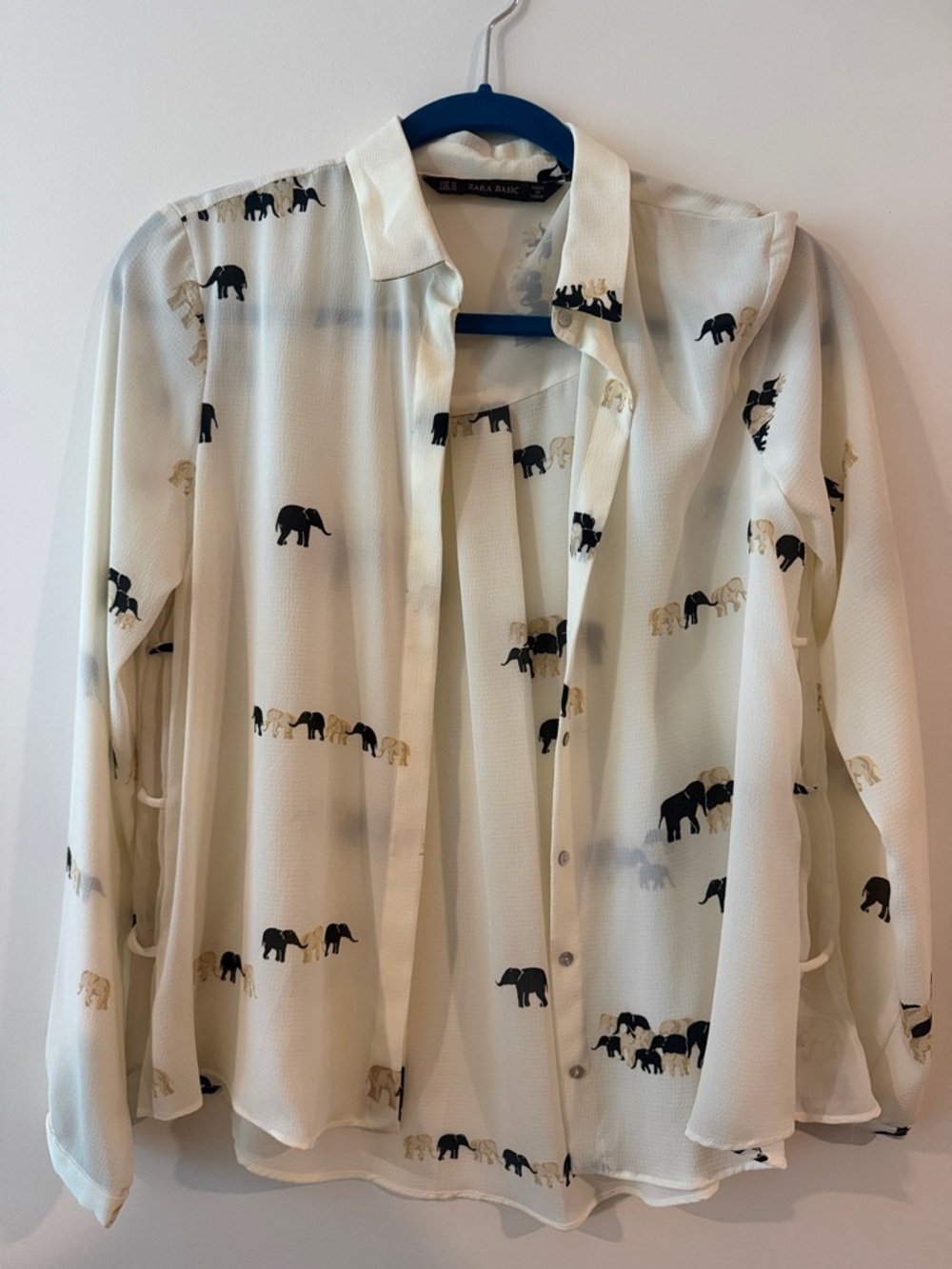 Zara Ivory Button-Up Shirt with Black & Tan Elephant Print, never worn